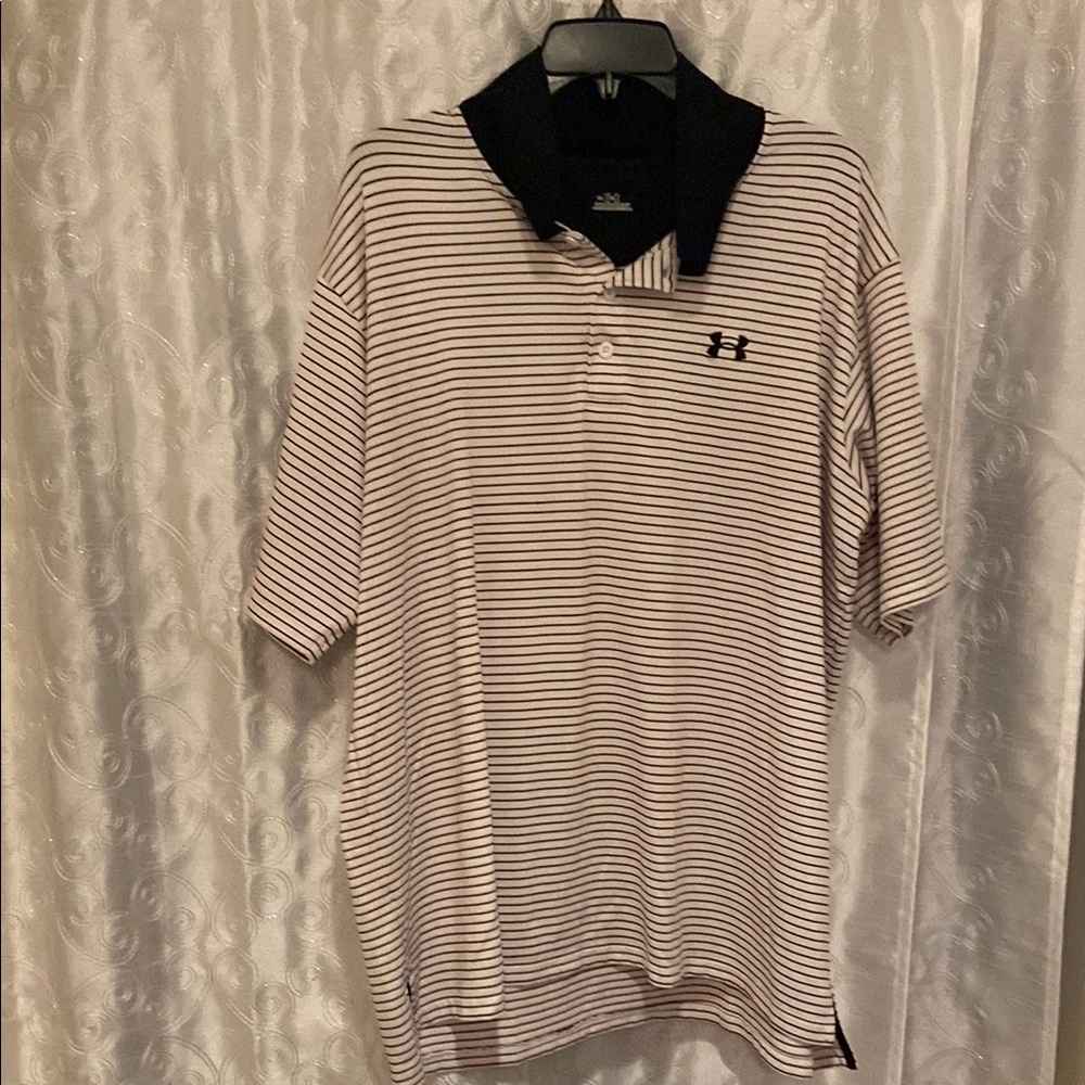 Under Armour Men's Black, Red and White Striped Polo Shirt Size XL 🔥 YB3